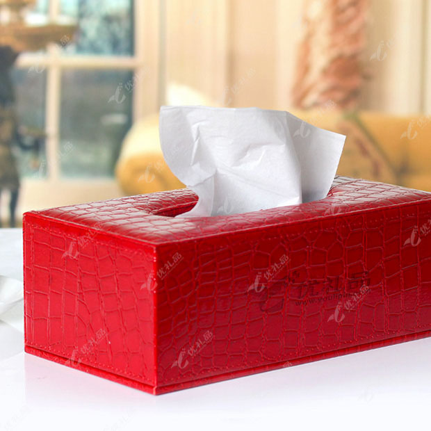 喜庆红色鳄鱼纹皮长方形纸巾盒