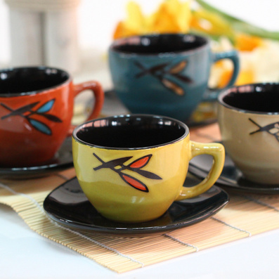 日韩复古色釉陶瓷茶具12套件 杯子 杯垫 四色混定制