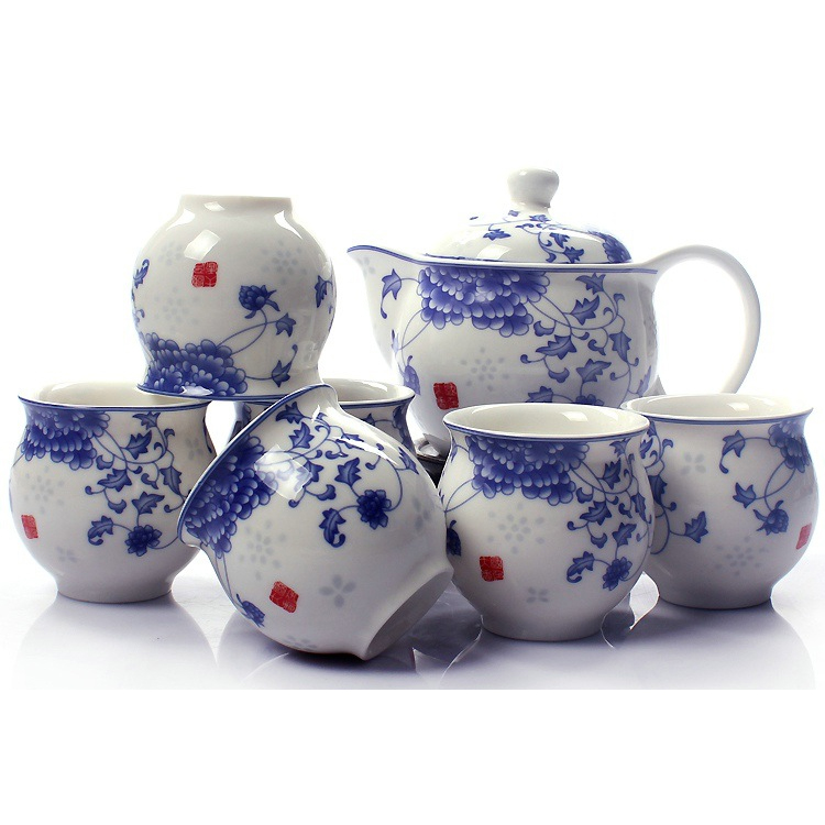 景德鎮陶瓷 青花瓷釉中彩 7頭雙層隔熱防燙茶杯茶壺
