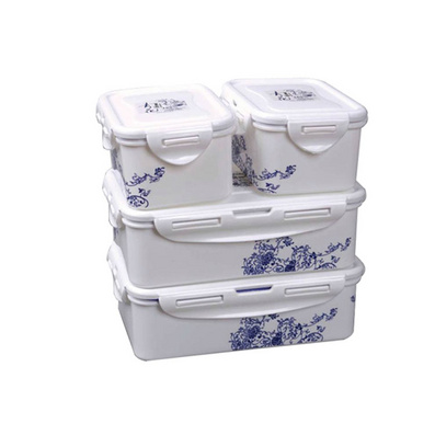 青花塑料饭盒便当盒保鲜盒四件套 安全环保饭盒套装 