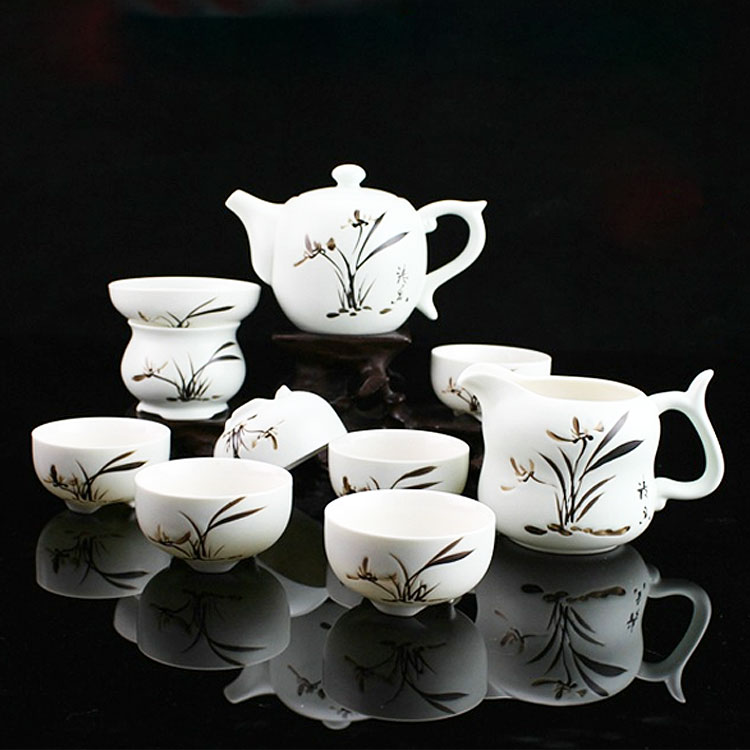 10頭定窯茶具 手繪蘭花茶具套裝