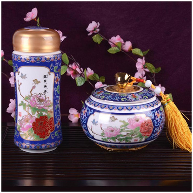 景泰藍禮品套裝 陶瓷杯  如意茶葉罐兩件套定制