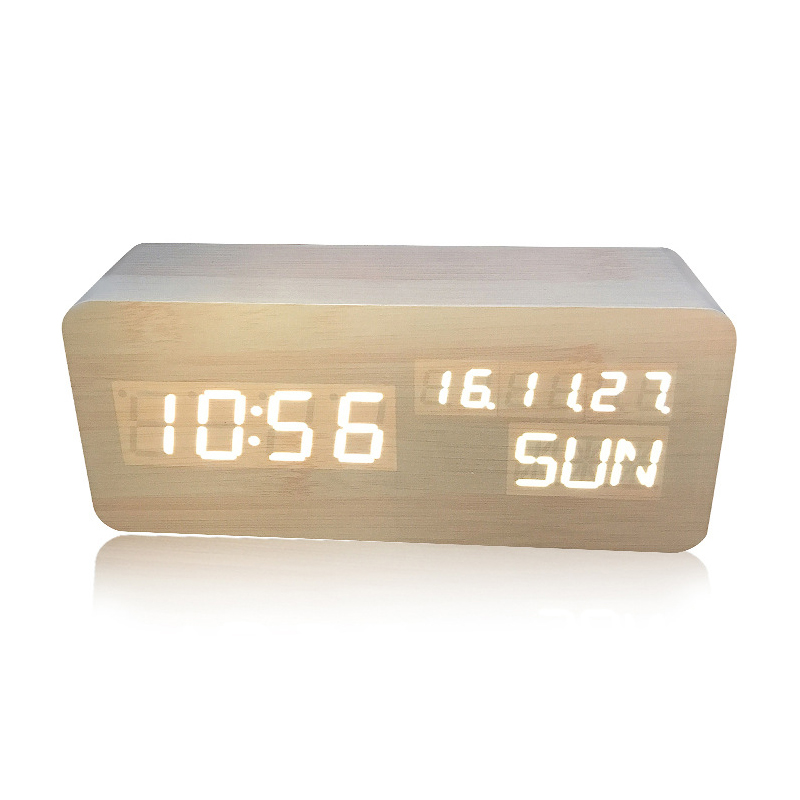 LED木頭鐘 智能聲控時鐘 創意禮品多功能電子鬧鐘 座鐘