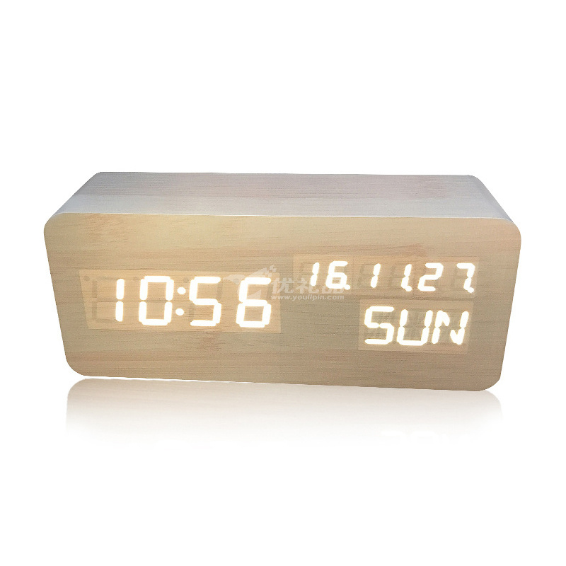LED木頭鐘 智能聲控時鐘 創意禮品多功能電子鬧鐘 座鐘