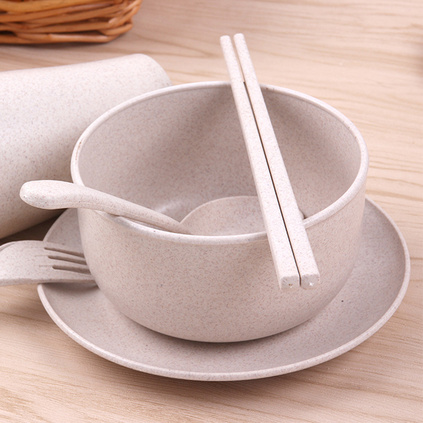 天然可降解小麦秸秆餐具套装 麦纤维泡面碗漱口杯菜盘勺叉筷六件套创意礼品定制
