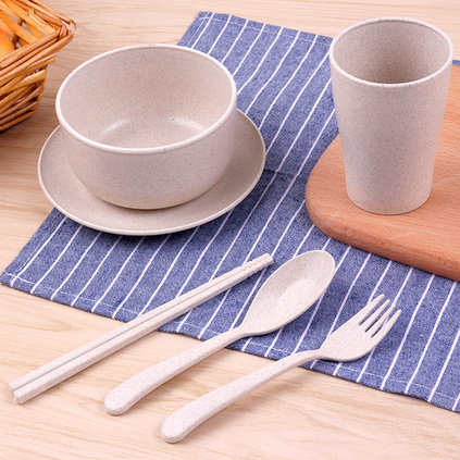 天然可降解小麦秸秆餐具套装 麦纤维泡面碗漱口杯菜盘勺叉筷六件套创意礼品定制