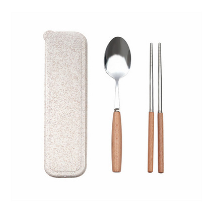 不锈钢筷子木柄勺子套装便携式餐具两件套装学生筷子盒定制