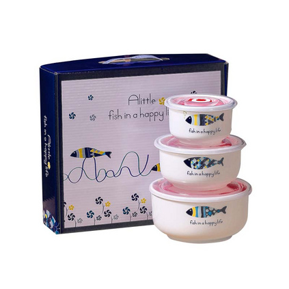 陶瓷保鮮碗三件套密封促帶蓋微波爐適用保鮮盒定制
