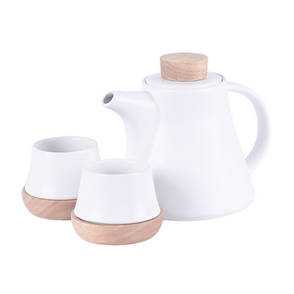 北歐茶具套裝橡木杯托 創意陶瓷套裝一壺四杯 日式原木茶具套裝定制